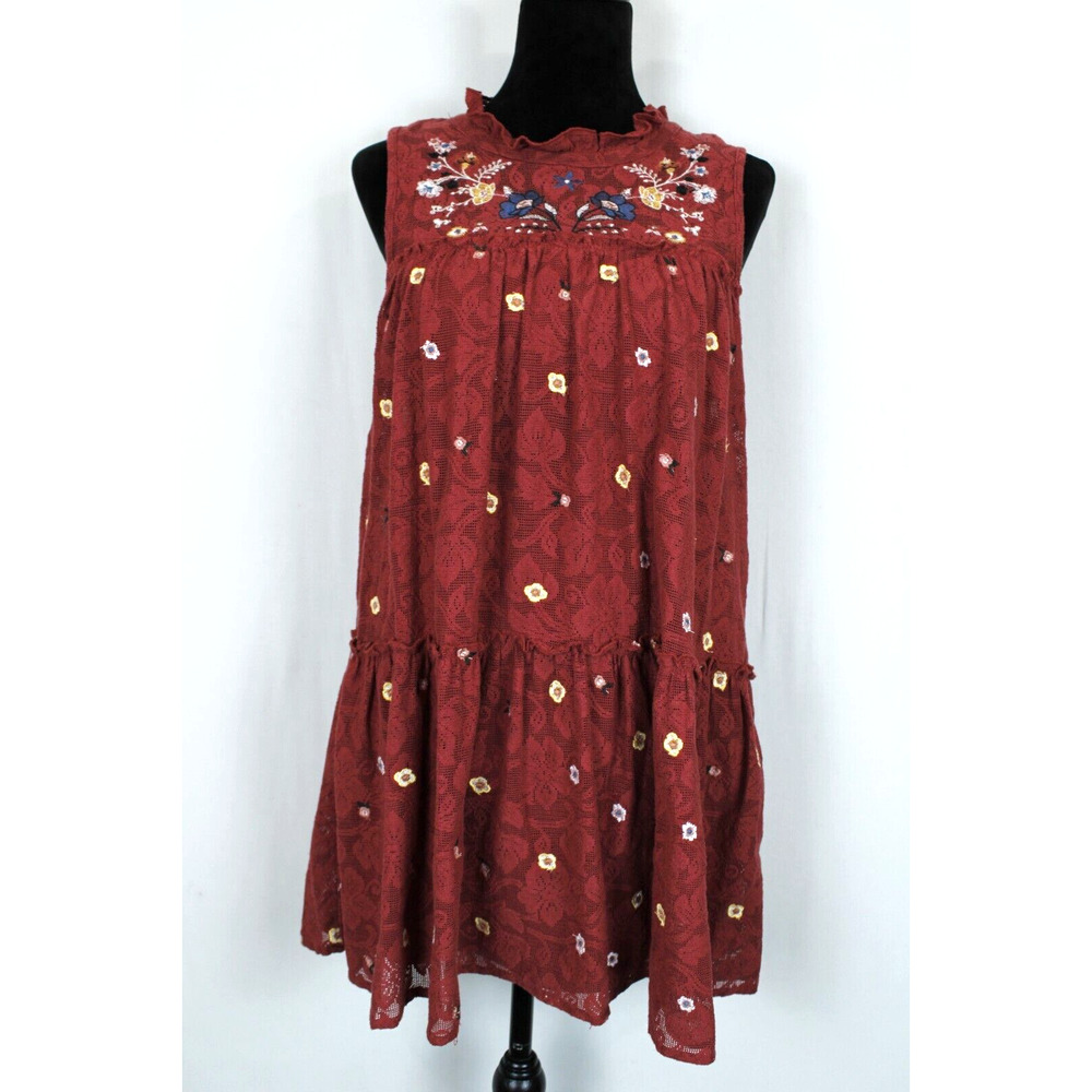 Mi Ami Tunic Short Dress Lace‎ Floral Embroidered Women M Underlay Burgundy